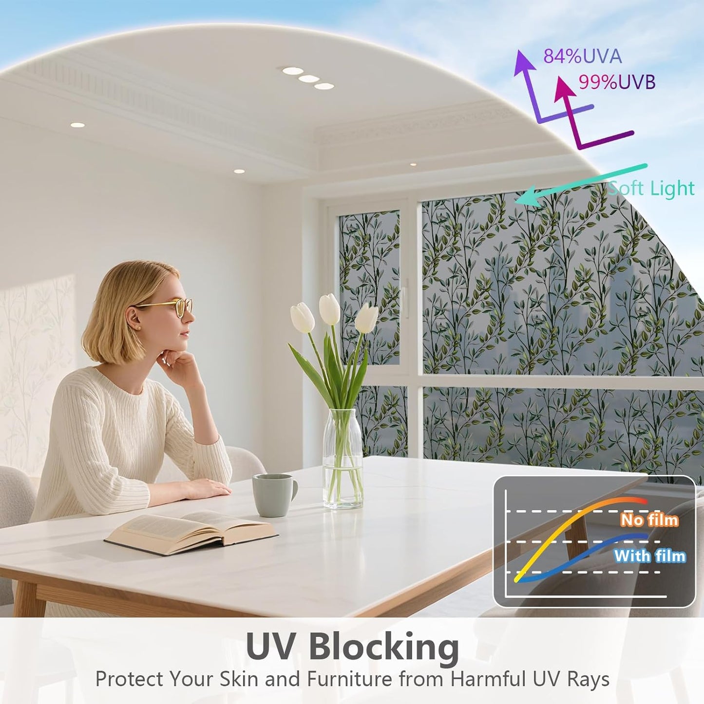 NINETREX One Way Window Privacy Film, Daytime Privacy Static Cling Sun Blocking Anti UV Reflective Window Tint for Home and Office 23.6 x 78.7 inches, Black Silver Leaf