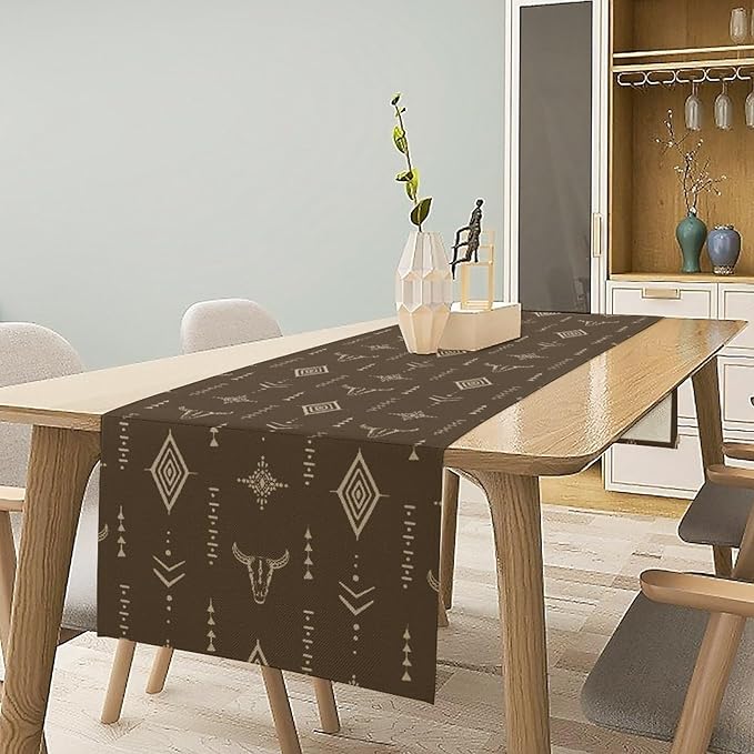 Western Cow Skull Table Runner,Vintage Boho Aztec Cow Ethnic Pattern Printed Table Runner for Home Kitchen Dining Farmhouse Coffee 13x120in