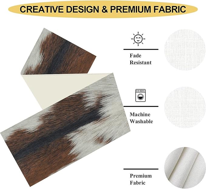 Cow Print Table Runner, Brown Cowhide Print Western Style Table Runner Country Farmhouse Cottage Cow Pattern Linen Table Decoration for Home Kitchen Dining 13x36