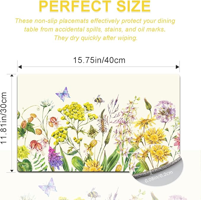Flower Placemats Set of 4 - Floral Faux Leather Heat Resistant Placemats for Dinner Table, Non-Slip Waterproof Oil-Proof Washable Reusable Placemat for Indoor Outdoor Kitchen Decor, 15.75In*11.81In
