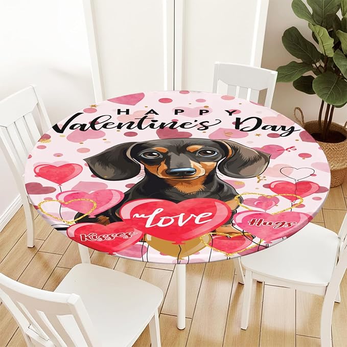 Valentines Day Round Fitted Tablecloth with Elastic Pink Love Heart Dog Circle Table Cloth for 36-40" Tables Wipeable Waterproof Washable Valentine Puppy Table Cover for Picnic Dining Party Decor