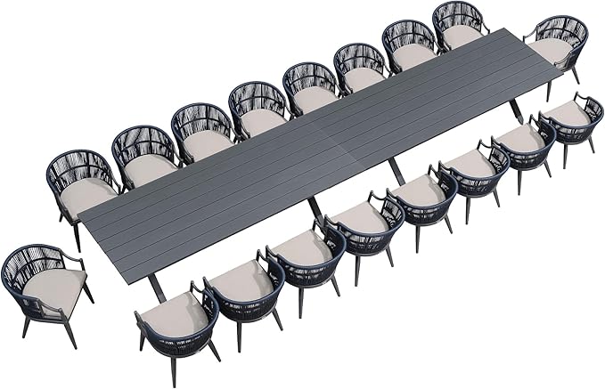 PURPLE LEAF 20 Pieces Outdoor Dining Set All Weather Wicker Patio Dining Set with Rectangular Aluminum Table and Modern Armrest Dining Chairs for Garden Deck Backyard Kitchen, Grey