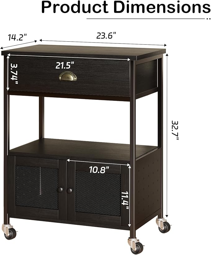 Catrimown Coffee Cart Station with Storage Drawer, Small Microwave Stand with Storage Cabinet, Coffee Stand Station, Rolling Island Cart for Living Room, Dining Room, Kitchen, Black