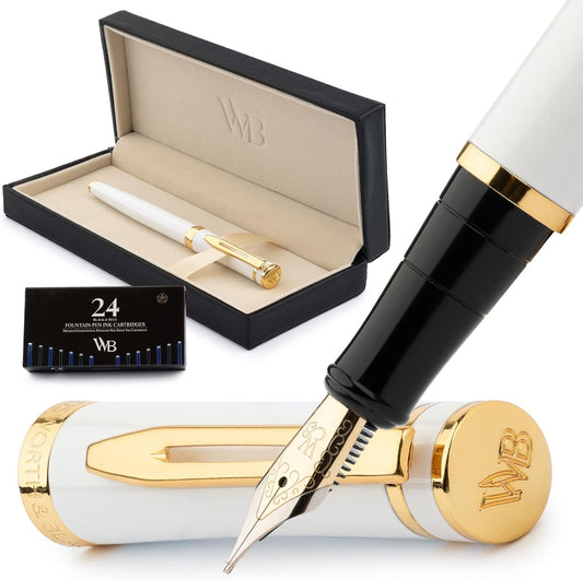 Wordsworth & Black Fountain Pen Set, 18K Gilded Medium Nib, Includes 24 Pack Ink Cartridges, Ink Refill Converter & Gift Box, Gold Finish, Calligraphy, [White Gold], Perfect for Men & Women