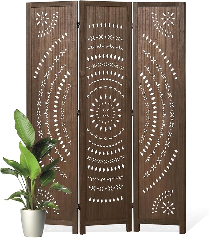 66.9Inch Folding Room Divider, 3 Panels Wood Carved Privacy Screens, Free Assembled Freestanding Partition for Home Office Restaurant Bedroom (Brown)