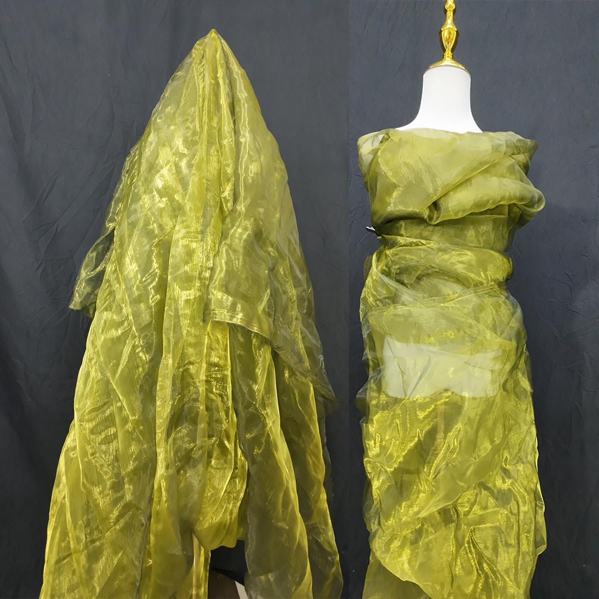 Two-Tone Iridescent Holographic Organza Fabric - 5.5 Yards | Lightweight Sheer Gauze Voile Tulle | for Dresses, Party Decor, DIY Crafts, Shiny Backdrops（Olive-Greenish Yellow