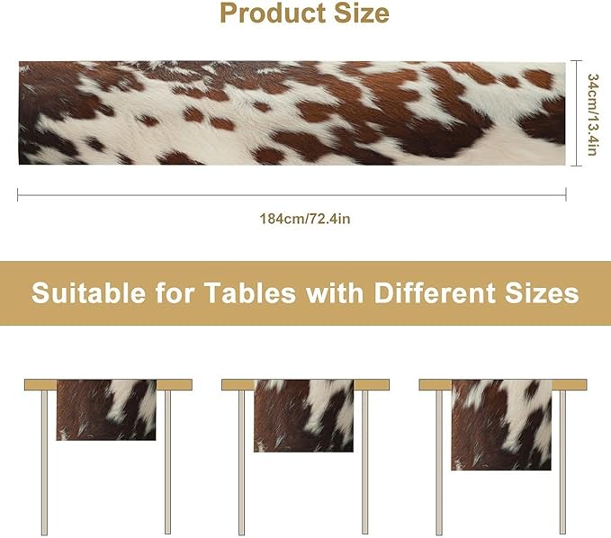 Cow Print Table Runner, Western White Brown Cowhide Rustic Coffee Table Runner for Home Kitchen Dining Room Farmhouse 13x60in