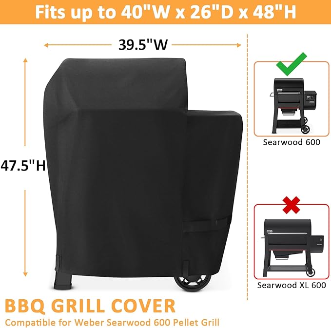 Grill Cover for Weber Searwood 600 Pellet Series, Waterproof Smoker Cover for Weber Grills Searwood 600 Pellet Grill 3400145 Smoker Models, 600D Pellet BBQ Cover Replacement for Searwood 600 Cover