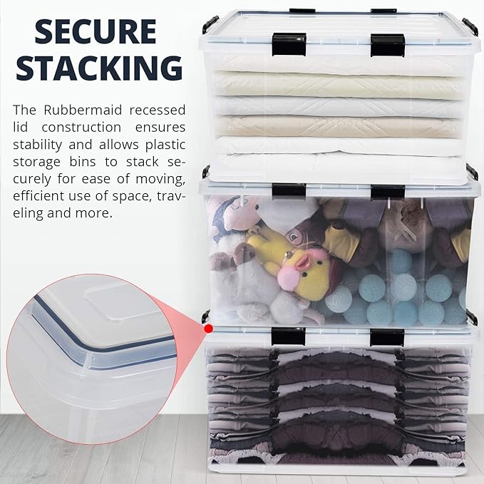 3-Pack Waterproof Plastic Storage Box, 90QT/85L Stackable Latch Box Durable Multi-Purpose Locking Bin with Lid and Black Clips for Bedding, Toys, Shoes and Clothes