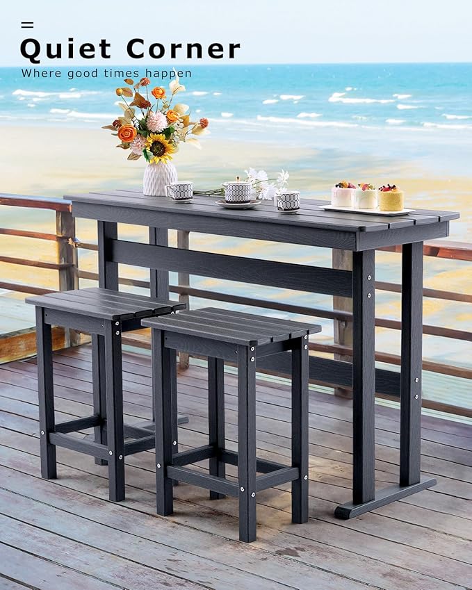 3 Piece HDPE Outdoor Bar Height Table and Chairs Set of 2 Includes High Top Patio Table and Chairs, Outside Patio Bar Set for Bistro,Balcony,Backyard,Poolside (Grey, 3 Piece)