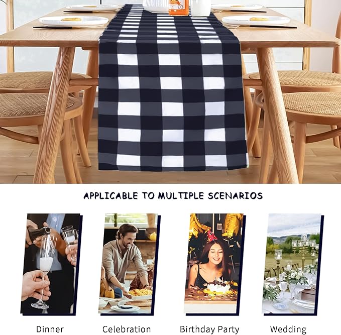 Fabric Checkered Table Runner 6 Pack Waterproof Gingham Table Runner 14W x 108L Buffalo Check Table Runners for Parties Kitchen Dining Wedding Banquet (Navy and White)