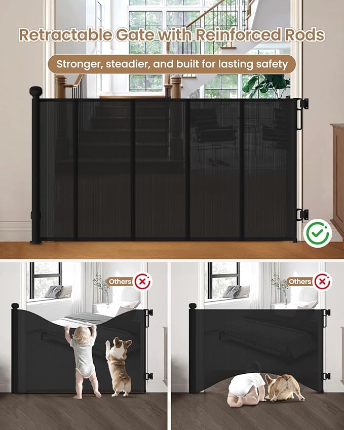 Upgraded Retractable Baby Gate - 71" Wide 34" Tall Mesh Child Safety Gate with High-Density Reinforced Rods, Easy One-Hand Operation Retractable Dog Gate, Fits Baseboards, Black