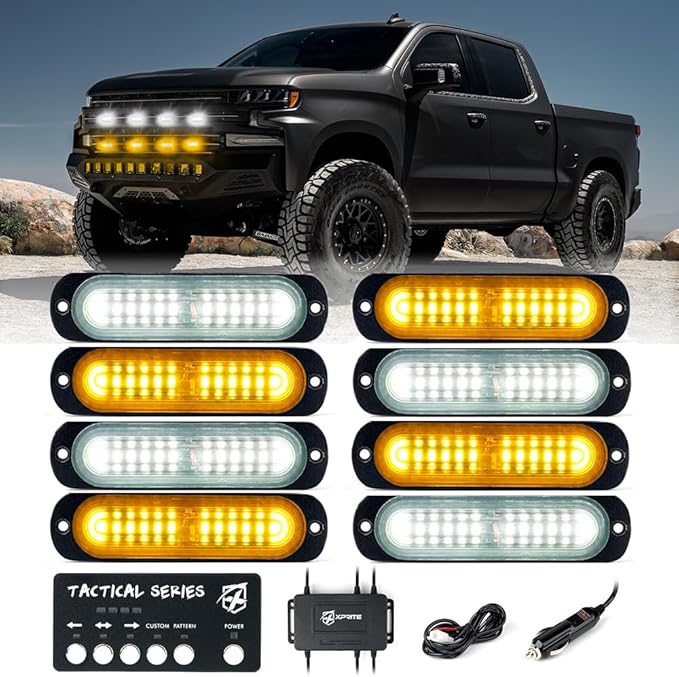 Xprite Amber/White LED Surface Mount Strobe Lights Kit, Grill Grille Side Marker Light Flashing Emergency Warning Light Assemblies w/Control Box for Trucks Vehicles ATV RV Cars Van 8PCS