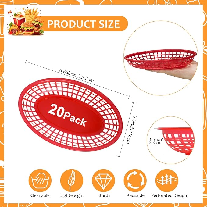 20 Pack Plastic Fast Food Baskets, 8.8" × 5.5" Small Oval Restaurant Serving Baskets Tray for Burgers, Sandwiches, Hot Dogs, Parties, Food Trucks, Reusable or Disposable, Stackable(Red)