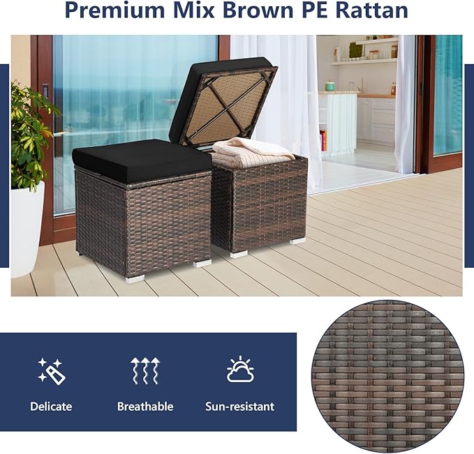 Tangkula 2 Pieces Patio Ottomans, Patiojoy Hand-Woven PE Rattan Side Table with Removable Cushion & Hidden Storage Space, Multifunctional Storage Box, Seat for Patio, Backyard, Poolside (Black)