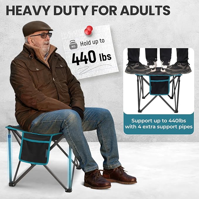 FUNDANGO Oversized Camping Stool for Adults, Thick Padded 18.1 Inch Folding Ottoman Foot Rest, 440 Lbs Heavy Duty Outdoor Camp Chairs with Anti-Slip Foots & Carry Bag for Fishing Lawn Travel (Black)