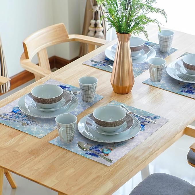 Giwawa Blue Snowman Placemats Set of 4 Christmas Trees Balls Winter Snowflakes Linen Place Mat Xmas Snow Scenery Non Slip Heat Resistant Table Mats 12"x18" for Kitchen Dining Holiday New Year Decor