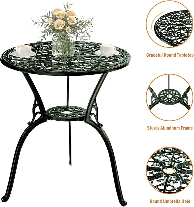 Patio Bistro Set of 2, Cast Aluminum, Outdoor Set w/Umbrella Hole, 3 Piece Table and Chairs Set, Bistro Set for Backyard/Garden/Lawn, Green