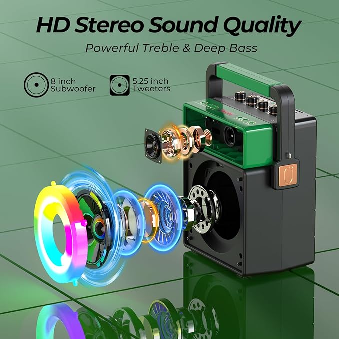 JYX Bluetooth PA Speaker System with 2 Wireless Mics, Retro 60W Karaoke Machine with LED Lights, Supports Recording, USB/TF/AUX/MIC Input for Home Party