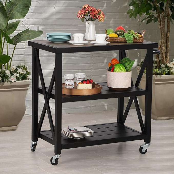 Sophia & William Outdoor Grill Cart Movable Food Prep Table Rolling BBQ Trolley Pizza Oven Stand with Ceramic Wood-Like Tabletop and Lockable Wheels, 35" W x 20.7" D x 35.4" H