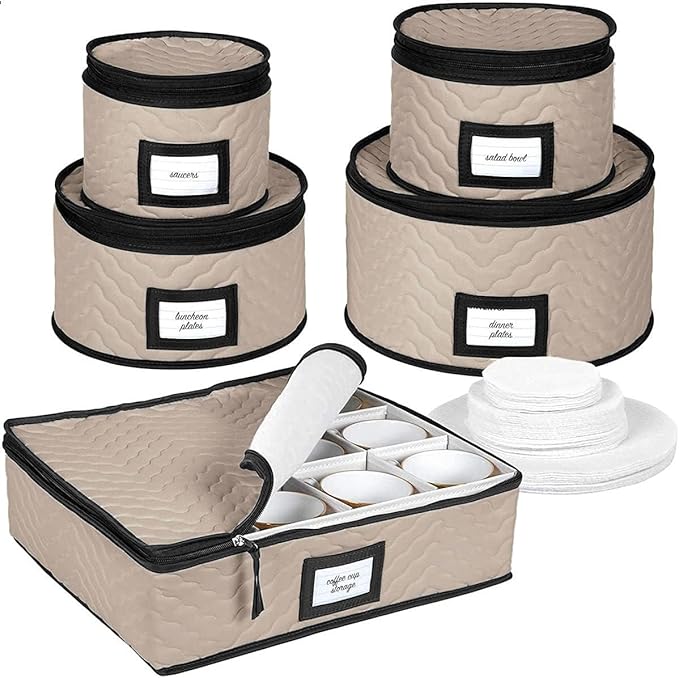 China Storage Containers 5-Piece Set Moving Boxes for Dinnerware, Glasses, Plates, Mugs and Saucers Sturdy Quilted Microfiber Dish Organizer with Dividers for Seasonal Storage - Holds Set of 12, Brown