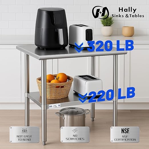 Hally Stainless Steel Table for Prep & Work 14 x 24 Inches, NSF Commercial Heavy Duty Table with Undershelf and Galvanized Legs for Restaurant, Home and Hotel