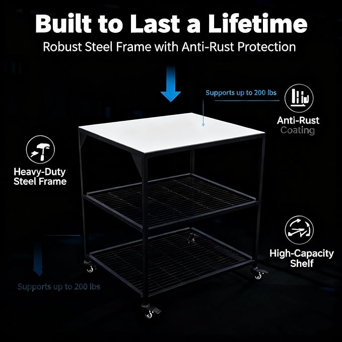 JIN BETTER GRILL PARTS Heavy-Duty Steel Frame Outdoor Kitchen Cart | Stainless Steel Tabletop & 4 Locking Wheels | 31.5" Versatile BBQ Workstation for Ninja, Blackstone, Pizza Ovens