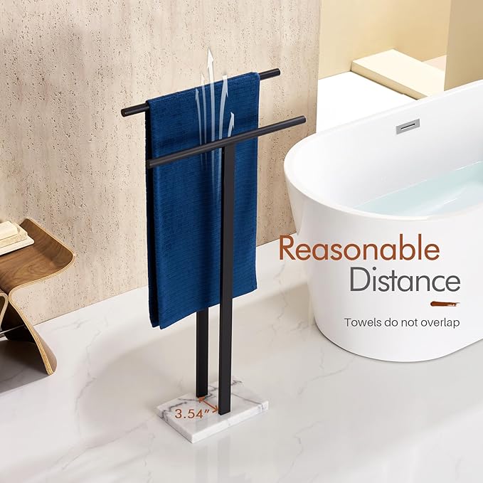 KOKOSIRI Free Standing Towel Racks Matte Black 2-Tier Towel Holder for Bathroom Floor Stand with Heavy Marble Base Thicken Steady Design Stainless Steel THS0005-BK