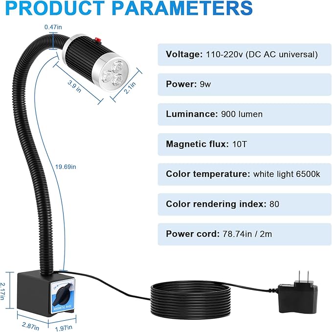 YJINGRUI 9W LED Magnetic Work Light, 900LM Super Bright Gooseneck Lamp with Strong Magnetic Base, 360° Flexible Shop Light for CNC Lathe, Sewing Machine, Workbench, Auto Repair, Grill & Indoor Tasks