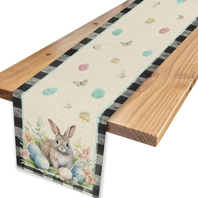Easter Table Runner,Vinatge Black Plaid Rabbit Easter Eggs Butterflies Floral Spring Table Center Decor for Family Kitchen and Living Room Outdoor Farmhouse Party Table Decorations, 13"x108"