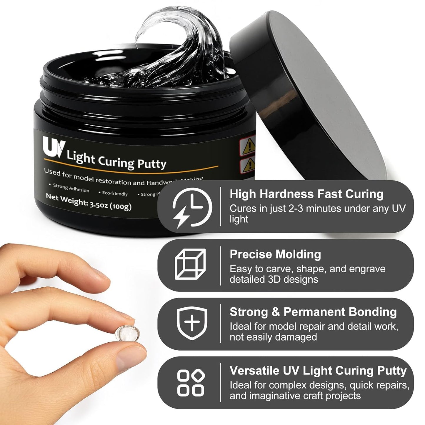 100g UV Light Curing Putty, Solid Resin, Multi Purpose Adhesive High Hardness Quick Curing, for 3D Crafts, Repair, Modeling UV Clay & Nail Art