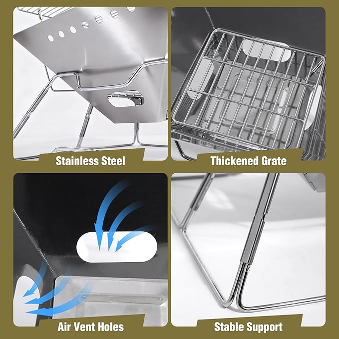 Lineslife Foldable Fire Pit with Grill for Camping Collapsible Portable Fire Pit with Campfire Grill & Tote Bag for Backyard, Patio, Picnic, BBQ