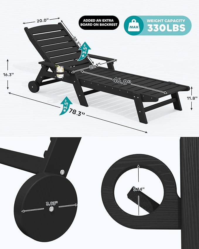 SERWALL Patio Chaise Lounge Chair, 78'' Long HDPE 5 Positions Adjustable Outdoor Lounger, Poly Lounge Chair with Rolling Wheels & Cup Holder for Pool, Obsidian Black