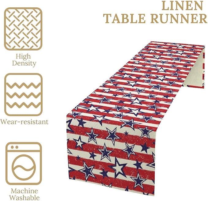 4th of July Table Runner, Vintage American Independence Day Stripes and Stars Patriotic Table Center Decor for Home Kitchen Dining Party Outdoor Holiday 13x90in