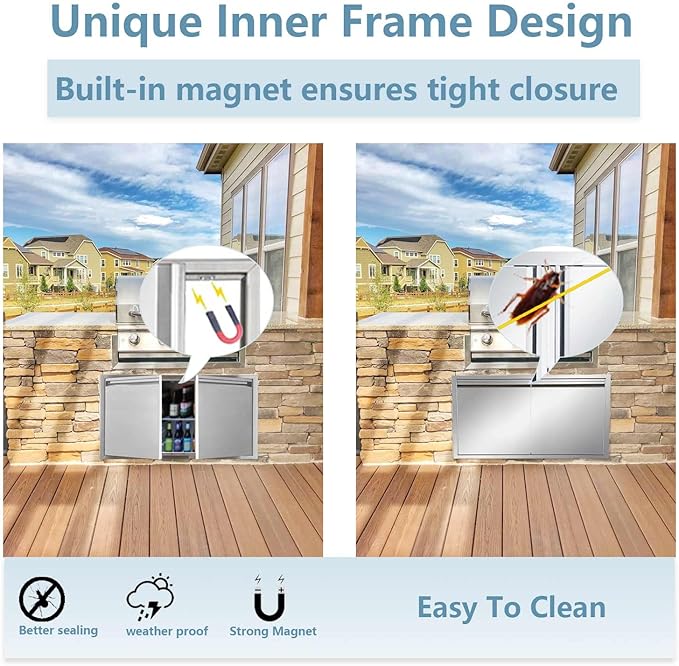 Outdoor Kitchen Door 36" W x 21" H inch Stainless Steel BBQ Double Doors Flush Mount for Outdoor Kitchen Island（Double Wall Door Panel ）