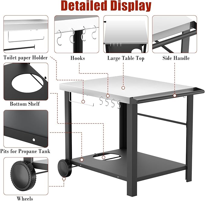 34" x 24" Movable Stainless Steel Flattop Grill Cart for Ninja Woodfire & Blackstone Griddles, Pizza Oven Table for Outside, Extra-Wide Stainless Steel Cart with Wheels for Kitchen Food Prep Table