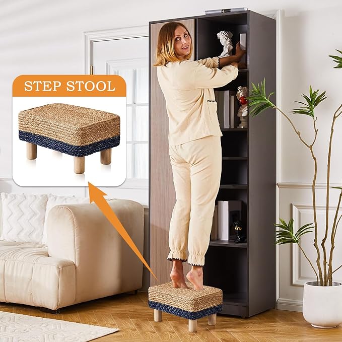 Wimarsbon Natural Seagrass Footstool Ottoman Rectangular Footrest Pouf Ottomans with Wooden Legs Hand Weave Step Stool for Living Room Bedroom Entryway Blue