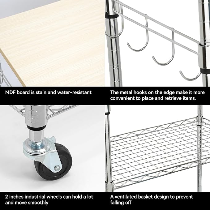 Chrome 3-Tier Rolling Kitchen Cart with Wheels 14" D x 24" W x 34" H and Wood Board Tabletop and 4 Hooks, 300 Pound Capacity, Great for Coffee Cart, Food Service Cart or Utinity and More.