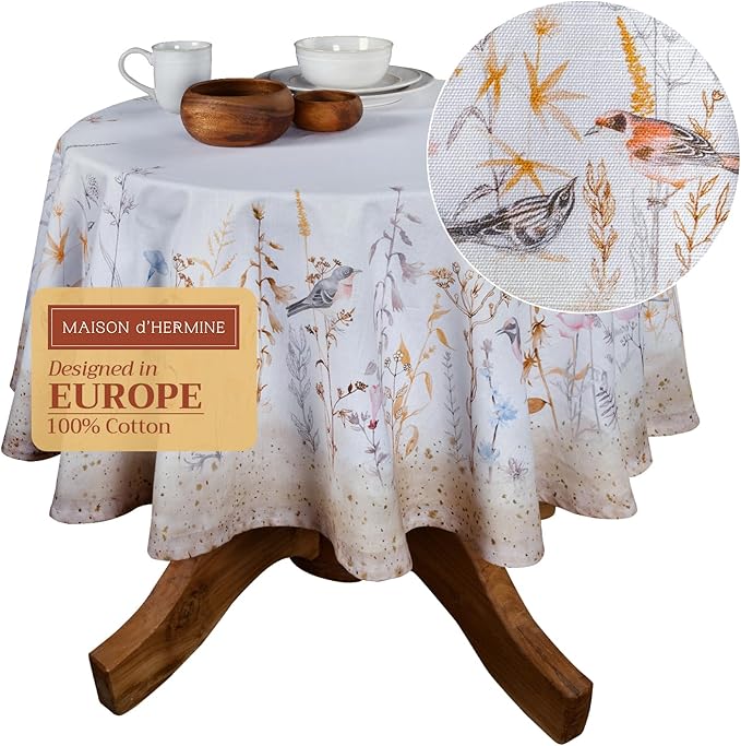 Maison d' Hermine Table Cloth Round Table 100% Cotton 69 Inches Tablecloth Reusable Decorative for Dining Room, Farmhouse, Home, Party, Festive & Wedding Spring Summer - Meadow Florals - Beige