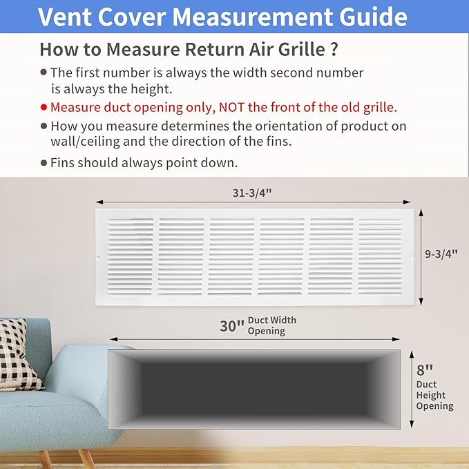 30"W x 8"H [Duct Opening Size] Steel Return Air Grille, Air Return Vent Cover for Ceiling and Sidewall - HVAC Air Vent Covers - [Outer Dimensions: 31.75"W x 9.75"H]