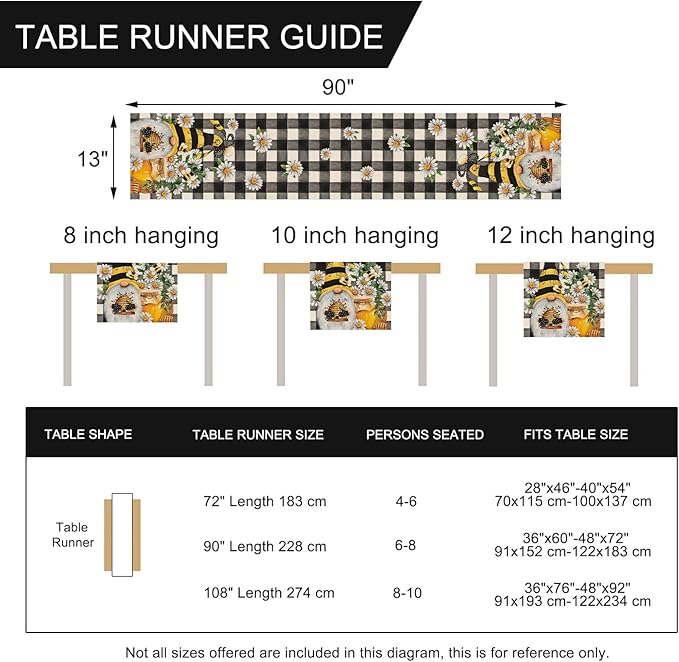 Seliem Spring Bee Gnome Table Runner, Honey Black White Buffalo Plaid Check Home Kitchen Dining Decor, Summer Seasonal Farmhouse Daisy Decorations Indoor Outdoor Anniversary Party Supply 13 x 90 Inch