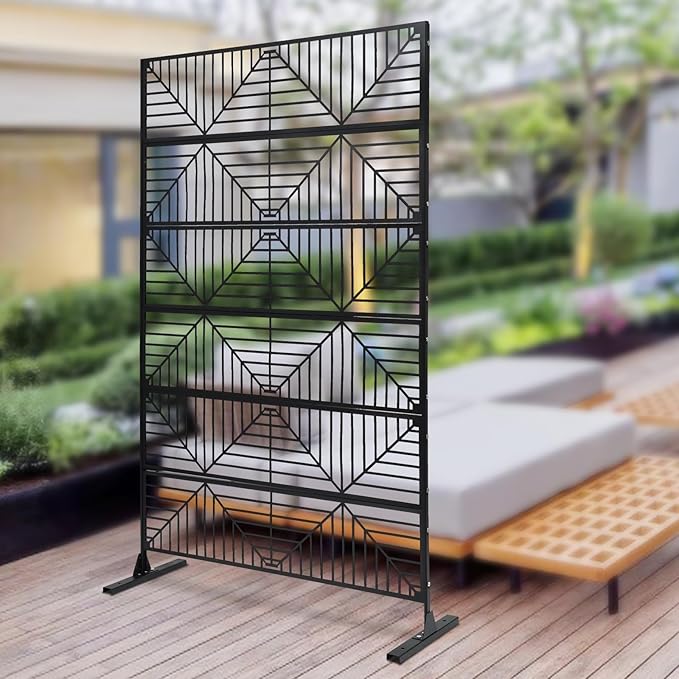 Metal Outdoor Divider 71x40'' Privacy Screens 6 Panels Privacy Fence with Stripe Pattern, Freestanding Decorative Privacy Screen for Patio Balcony Deck Garden Backyard (Model C)