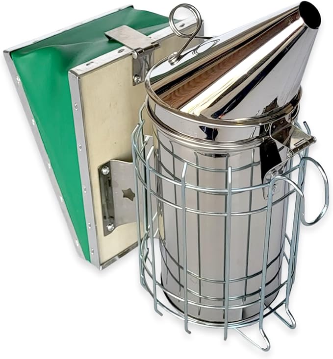 Foxhound Bee Co Stainless Steel 11-inch Smoker for Beekeeping with Heat Chamber, Burn Shield, Green Bellow and Heavy Duty Features for Producing Smoke when Working Bee Hives