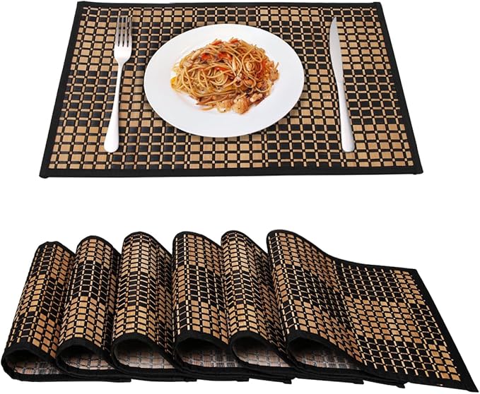 Placemats Set of 6 for Dining Table, Bamboo Place Mats for Kitchen Table Decor, Table Mats Heat Resistant & Non-Slip for Indoor/Outdoor Party, Table Placemats Set of 6 for Dinner Table Black