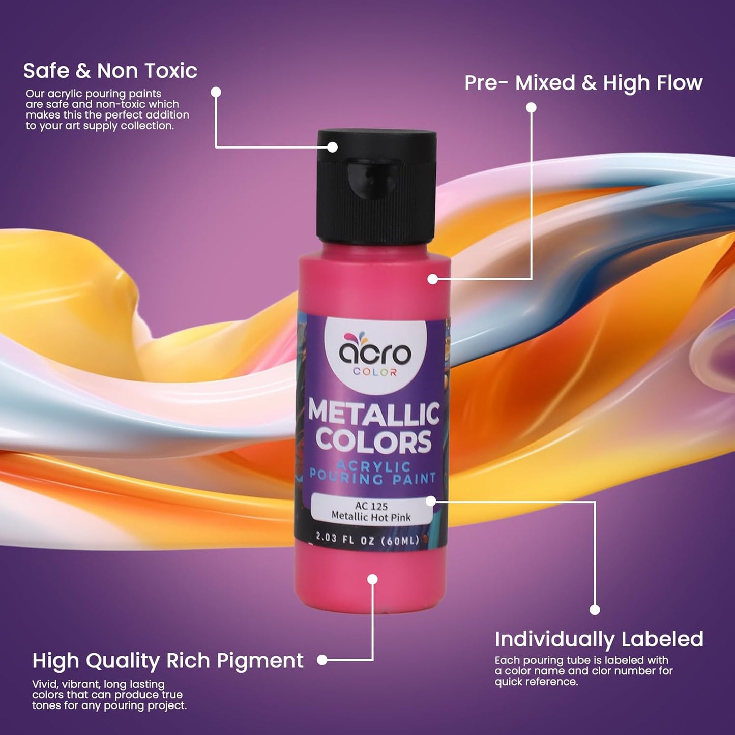 Acrylic Pouring Paint Set | 30 Vibrant Colors Including An Array Of Metallic, Neon & Pastel Paints | Pre Mixed, Ready to Use, High Flow Paint For Canvas, Paper, and More | 2 Ounces Per bottle