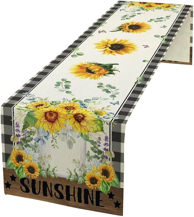 Sunflower Table Runner, Buffalo Floral Seasons Spring Summer Fall Table Runner for Kitchen Dining Farmhouse Home Party Outdoor 13x70in