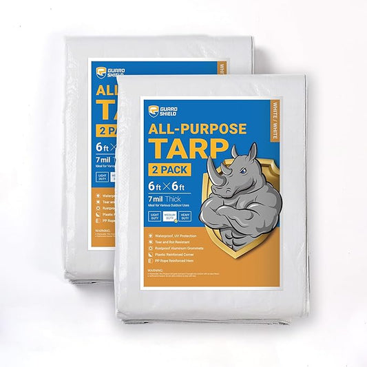 GUARD SHIELD White Tarp 6x6 Feet Medium Duty All Purpose Poly Tarps Cover 7mil (2-Pack)