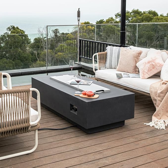 Elementi Granville Dark Grey Fire Pit Bundle Includes 60” Propane Concrete Firepit Table, Glass Windscreen, Stainless Steel Cover, Tank&Canvas Cover, Floor Mat and Beverage Tub