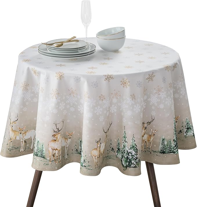 Maison d' Hermine Table Cloth Round Table 100% Cotton 63 Inches Fall Tablecloth Reusable Everyday Use for Thanksgiving Christmas Decorations Dining Farmhouse Party (Deer in The Woods)