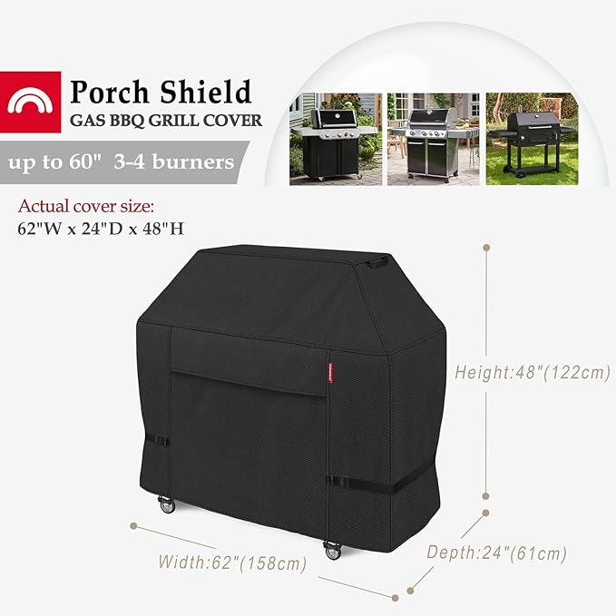 Porch Shield 62W x 24D x 48H inch Premium Gas Grill Cover Up to 60 inch, Waterproof and Fade Resistant 600D BBQ Covers for Weber, Brinkmann, Char-Broil and More, Black